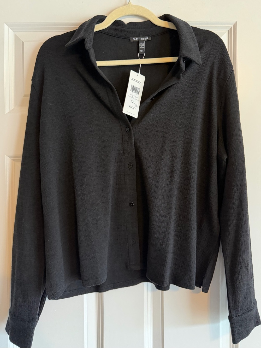 Eileen Fisher Black Cross Hatch Stretch Jersey Classic Collar Shirt
